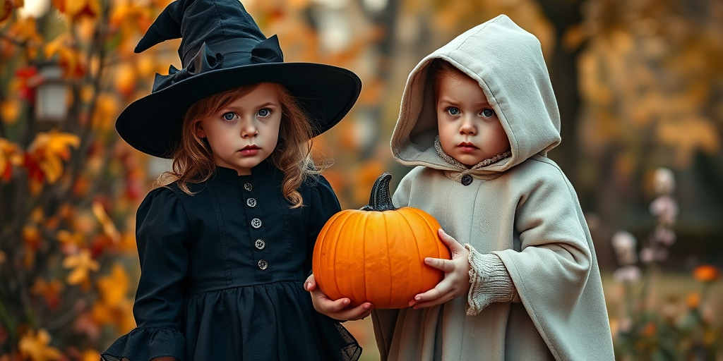 Generate an image of two vintage Victorian-style children, one wearing a black witch hat and dress, the other in a light hooded cloak holding a carved pumpkin, in a softly lit autumn setting with colorful leaves and flowers, using a Canon EOS R5, 50mm f/1.8 lens, aperture f/2, ISO 100, and a shallow depth of field for a dreamy effect.