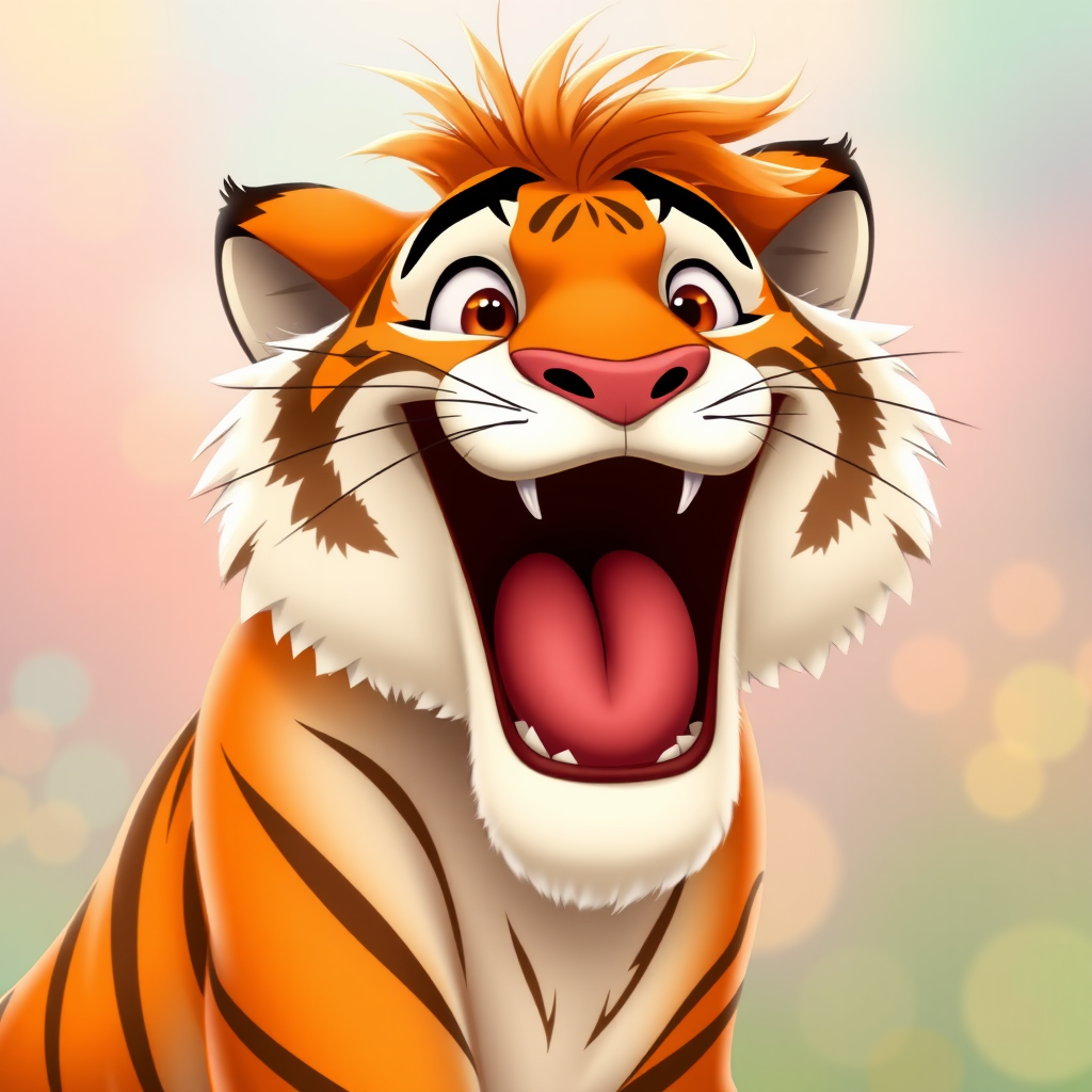 Disney style, cartoon illustration of an orange and white tiger with messy hair smiling very wide open mouth showing, in the Disney Pixar animation style, in the style of Don Bluth, full teeth body, with a very detailed face, very detailed eyes, very detailed fur, full color, very colorful, with a very colorful background, soft pastel colors, high resolution, high quality, high detail, hyper realistic