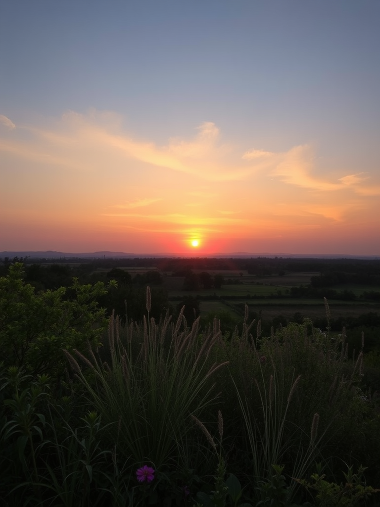 Create a high-resolution image of a serene landscape at sunset, using a Canon EOS R5 with a 24-70mm lens, aperture set to f/8, ISO 100, and a shutter speed of 1/125 sec, capturing a wide-angle view with vibrant colors and soft lighting.