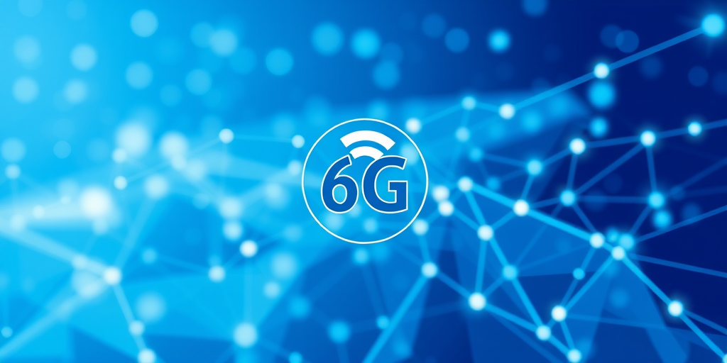 Create an abstract digital background featuring a dynamic network theme with blue and white geometric shapes, include a prominent 6G signal icon at the center, capture with a DSLR camera set to f/8 aperture, ISO 100, 24mm focal length, and use a wide-angle lens for a vibrant and crisp image quality.