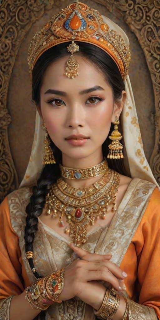 Create a portrait of a beautiful Thai woman with striking orange eyes and a gentle expression. She is adorned in traditional attire with intricate patterns, including a richly embroidered headscarf and matching garments. Her jewelry includes a delicate headpiece, dangling earrings, and ornate bracelets, all featuring vibrant gemstones and detailed metalwork. The background is soft and warm, enhancing the rich colors of her outfit and jewelry.