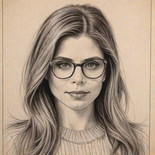 Gorgeous Danielle Fishel, pencil sketch, portrait of Enticing woman 1923s in glasses, hair style beatnik, outline, clear lines, fine lines, 8k