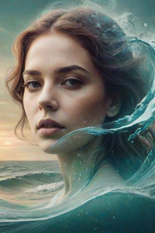 create Book cover, A surreal double exposure portrait that blends a woman's face with a beautiful seascape. The overall mood is dreamy and mystical, with rich colors and intricate details