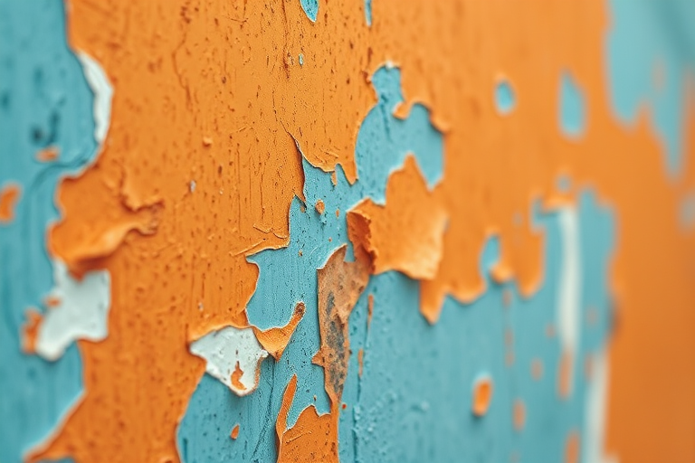 Capture an aged wall with peeling paint in vibrant orange and blue tones, macro lens, ISO 100, aperture f/4, natural light, DSLR camera, focal length 50mm, shallow depth of field for textured detail.