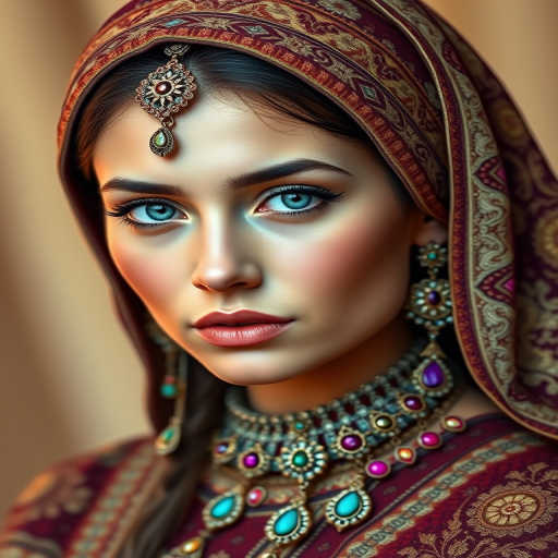 Create a portrait of a beautiful Circassian woman with striking cyan eyes and a gentle expression. She is adorned in traditional attire with intricate patterns, including a richly embroidered headscarf and matching garments. Her jewelry includes a delicate headpiece, dangling earrings, and ornate bracelets, all featuring vibrant gemstones and detailed metalwork. The background is soft and warm, enhancing the rich colors of her outfit and jewelry.