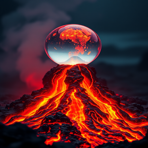 Create a vibrant scene of a volcanic eruption with a glowing crystal sphere above the lava flow, using a DSLR camera with a 50mm lens, f/1.8 aperture, ISO 200, 1/125 sec shutter speed, shot from a low angle to emphasize the height of the volcano and capture the intricate details of the lava and sphere in sharp focus.