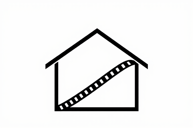 Create a minimalist logo featuring a film strip tilted at an angle beneath a roof outline, with high contrast black and white colors, shot with a DSLR camera at f/8 aperture, ISO 100, 50mm lens, and a top-down view to enhance clarity and sharpness.