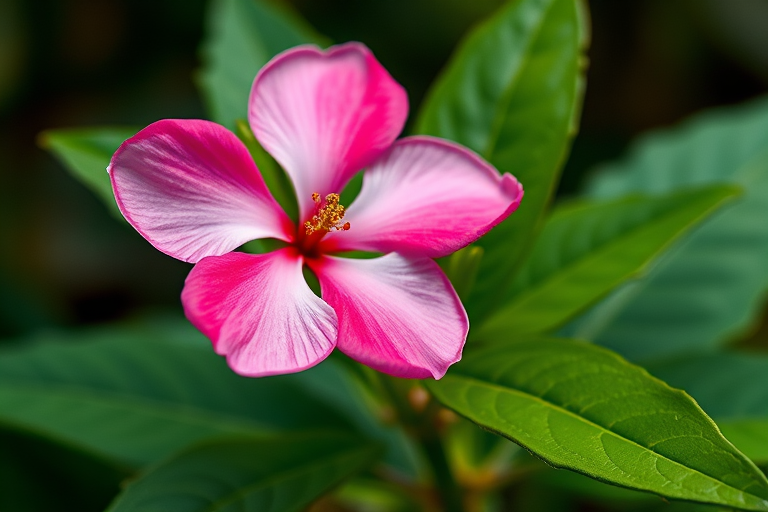 Create a vibrant illustration of a pink flower with green leaves, using a Canon EOS 5D Mark IV, 50mm lens, f/2.8 aperture, ISO 100, shot from a slightly elevated angle with a shallow depth of field to enhance details and colors.