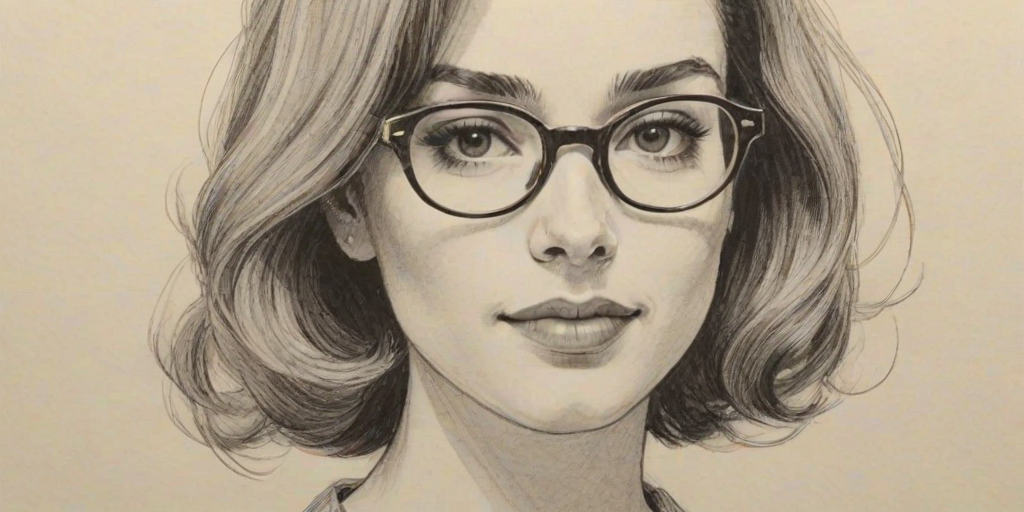 Pleasing Dylan Gelula, pencil sketch, portrait of Graceful woman 1963s in glasses, hair style beatnik, outline, clear lines, fine lines, 8k