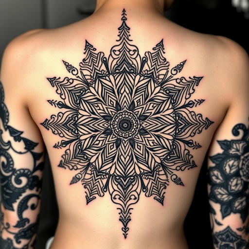 Ornamental blackwork tattoo named "Mandala Majesty" featuring intricate geometric patterns and symmetrical designs inspired by sacred symbols and spiritual art