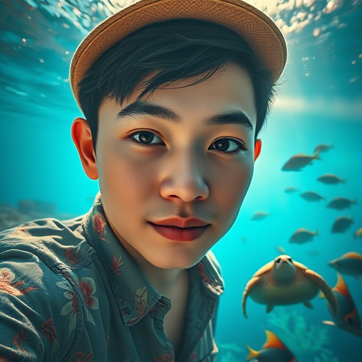 Realistic selfie image of a Singaporean, wearing a vintage outfit, detailed dreamy eyes, droopy hooded eyes, staring at the camera, taken underwater at coral reef with a sunbeam filtering through the water, vibrant, summer vacation, natural lighting, turtle and school of tropical fish with vibrant colors, rendered in the style of CryEngine, Pegi Nicol MacLeod, with realistic genre scenes, hauntingly beautiful narratives, ultra-realism, and Thomas Saliot's close-up technique, 8K resolution, crystal clear and sparkling water.