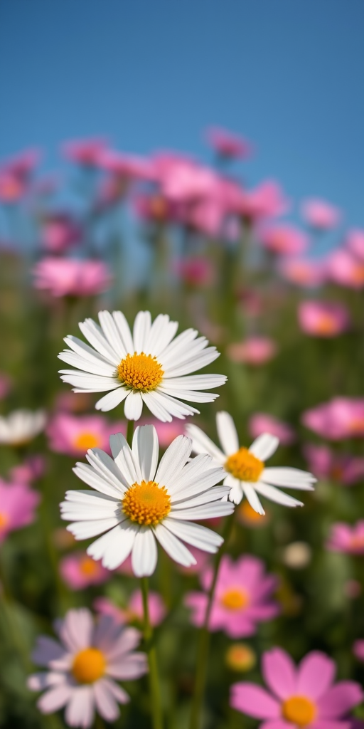 A close-up of white flowers with yellow centers in a field of pink flowers against a clear blue sky, shot with a Canon EOS R5, 50mm lens, aperture f/2.8, ISO 100, using a shallow depth of field for a soft background blur.