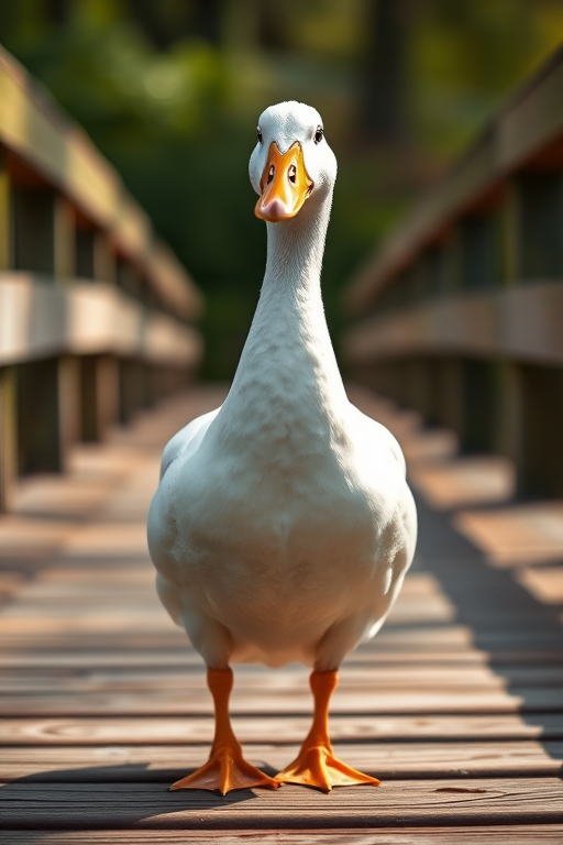 Capture a close-up of a white duck standing on a wooden walkway, using a Canon EOS 5D Mark IV, 50mm lens at f/2.8, ISO 100, shutter speed 1/200s, natural light, shallow depth of field for a blurred background.