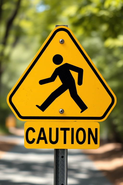 Create a high-resolution image of a caution sign depicting a slipping figure, using a 50mm lens, f/8 aperture, ISO 100, with a shallow depth of field, captured in natural daylight, focusing on vibrant yellow and black colors for enhanced visibility.