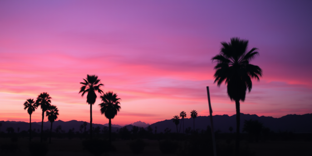 create a serene landscape at dusk featuring silhouettes of palm trees and mountains in the background under a purple and pink sky with a soft focus effect, using a DSLR camera with a 50mm lens, f/2.8 aperture, ISO 100, and a wide-angle view to enhance depth and detail.
