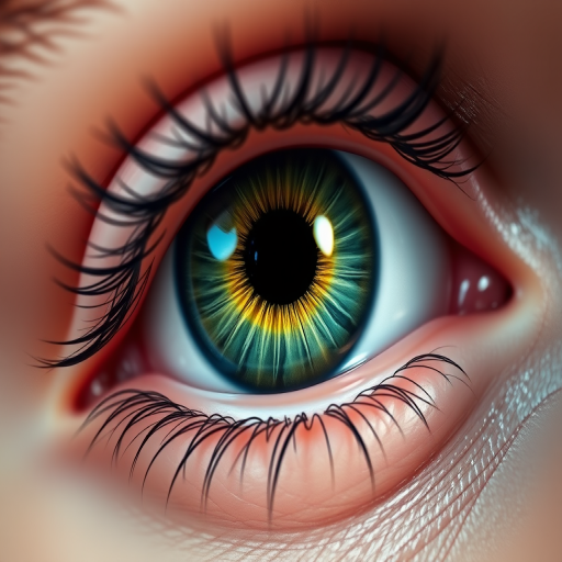 Create a detailed close-up illustration of a human eye with a vibrant green iris, sharp contrast, and realistic textures, using a DSLR camera with a 50mm lens at f/1.8, 1/200 sec shutter speed, and ISO 100, in a bright and well-lit environment.