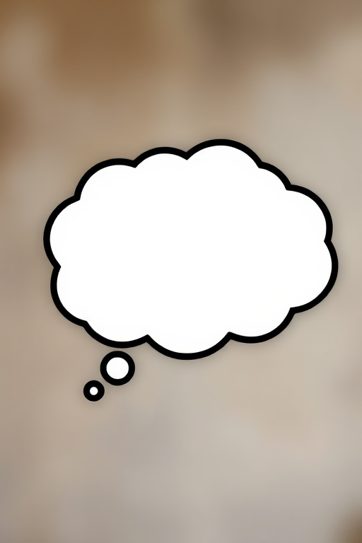 Create a high-resolution image of a thought bubble with a clean white fill and a thick black outline, using a DSLR camera with a 50mm lens, aperture set to f/2.8, ISO 100, and a soft focus background for enhanced contrast.