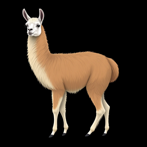 Create a high-resolution illustration of a llama standing gracefully, with a plain black background, using a digital camera at f/5.6 aperture, 1/200 sec shutter speed, ISO 100, in portrait view, employing a vector art style to enhance clarity and detail.