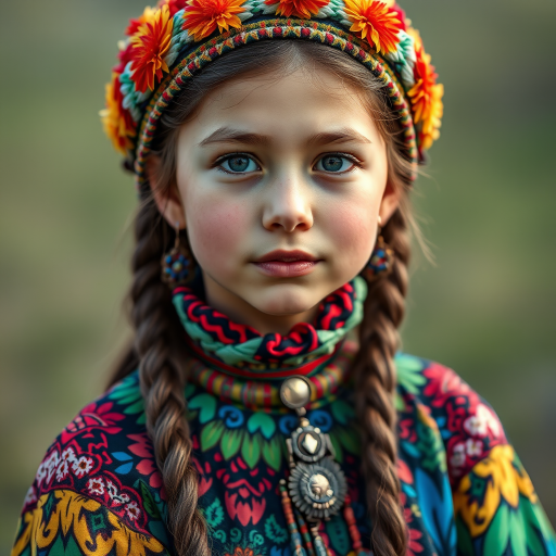 A beautiful Eurasian girl, wearing colorful bird clothing with vibrant colors