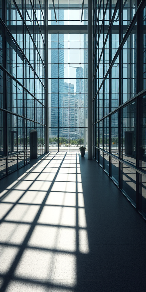interior of a modern building with large glass windows casting shadows on the floor, captured with a Canon EOS R5, 35mm lens, aperture f/2.8, ISO 100, shutter speed 1/60s, shot from a high angle for depth and perspective, emphasizing the play of light and shadow.