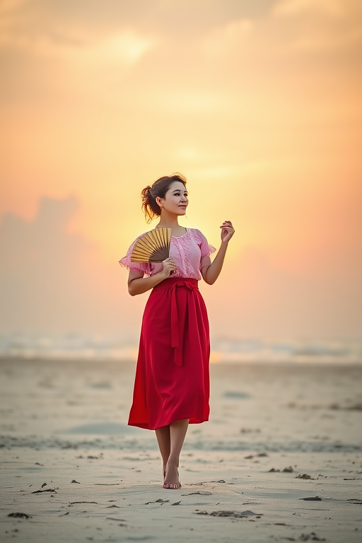 A woman in a pink vintage blouse and red skirt holding a fan, standing on a desolate beach at sunset, with soft clouds in the sky; shot with a Canon EOS R5, 50mm lens, aperture f/1.8, ISO 100, shutter speed 1/200s, natural light, portrait orientation.