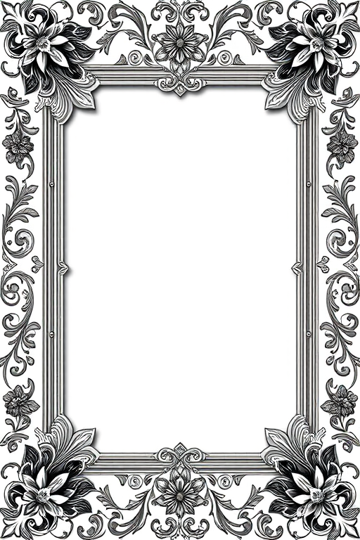 Create a highly detailed ornate frame design with intricate floral patterns and an empty central space, shot with a Canon EOS 5D Mark IV, aperture f/8, ISO 100, focal length 50mm, high-resolution clarity and sharpness.