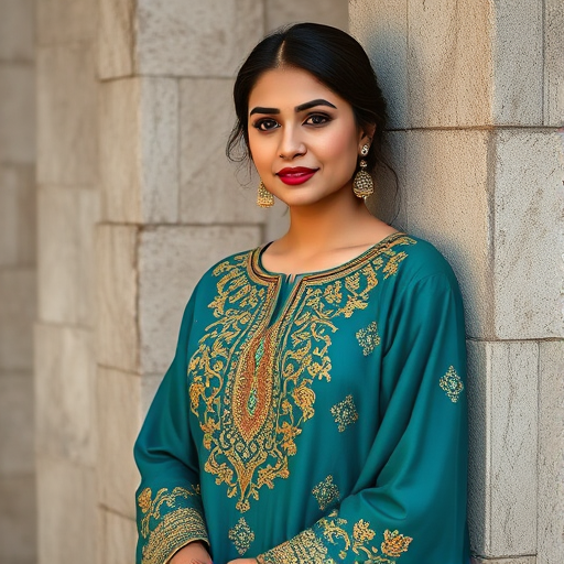 A woman wearing an elegant teal ethnic outfit with intricate gold embroidery, posing gracefully against a textured wall, natural light, 50mm lens, aperture f/1.8, soft focus background, DSLR camera.