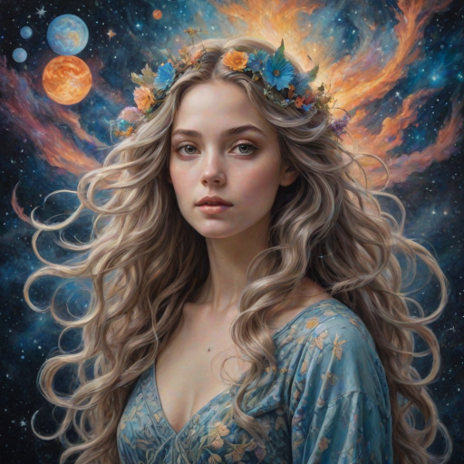 Create a series of imaginative portraits where each subject is infused with elements of fantasy and nature. The hair of the individuals should flow like clouds, varying from soft, fluffy cumulus to wispy cirrus strands, with hints of color reflecting a sunset or a clear blue sky. The eyes should be windows to entire galaxies, with stars, nebulae, and distant planets visible within them. Clothing should be adorned with nature motifs, such as floral patterns that bloom and change, vines that seem to grow and wrap around, or feathers that shimmer with iridescence. Each portrait should capture a unique personality, blending human features with the ethereal beauty of the natural and cosmic world. The backgrounds can vary, from starry night skies to enchanted forests, adding depth and context to the magical realism of the portraits