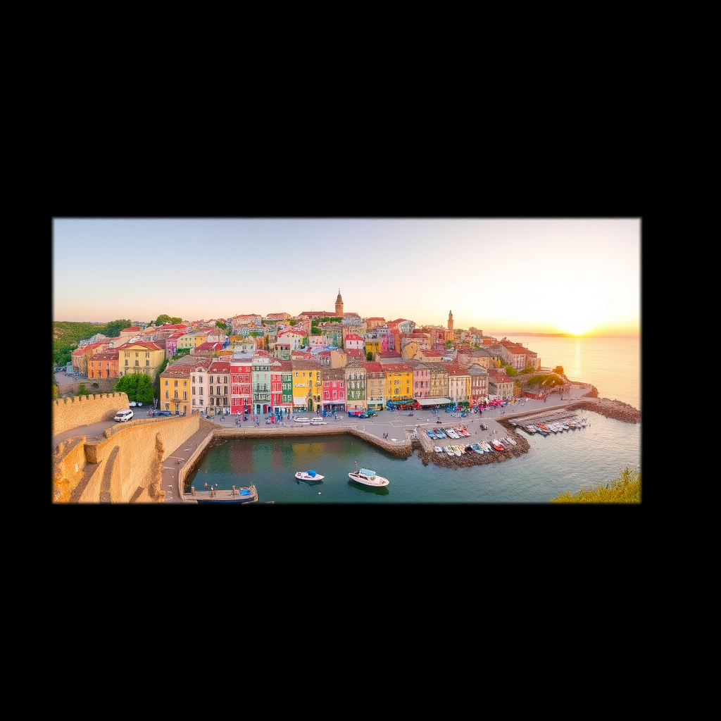Capture a panoramic view of a colorful coastal town with distinct architecture and waterfront, set at golden hour for warm lighting, using a DSLR camera with a 24mm lens, aperture set to f/8, ISO 100, and a shutter speed of 1/250s for optimal clarity.