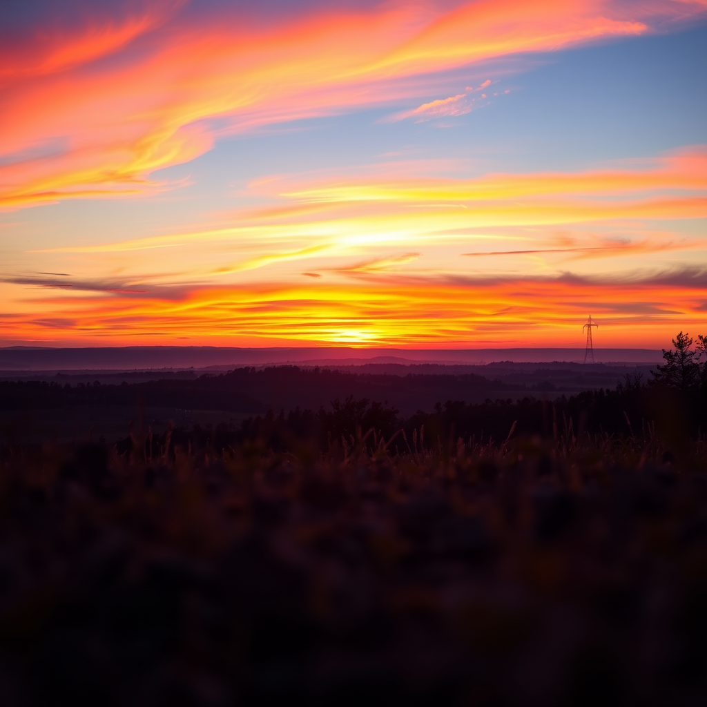 Create a high-resolution image of a serene natural landscape during sunset with vivid colors, using a DSLR camera with a 24mm lens, aperture set to f/8, ISO 200, and a low-angle view to capture the foreground details.