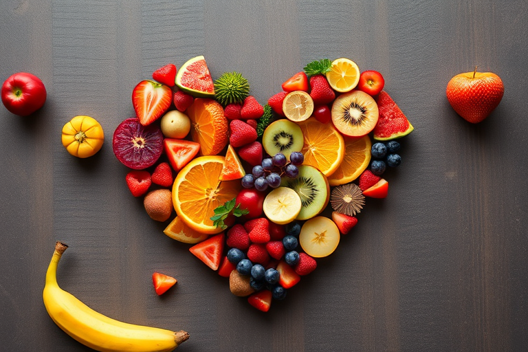 Create a vibrant heart shape made of assorted colorful fruit illustrations, captured with a wide-angle lens at f/8 aperture, ISO 100, and a 35mm lens on a full-frame DSLR, using natural light and a high-resolution setting for enhanced image quality.