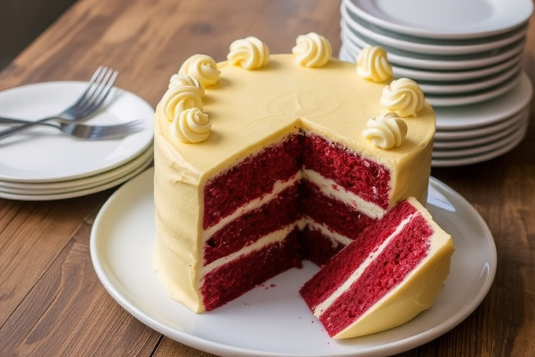 A beautifully decorated round cake with a yellow frosting and white chocolate curls on the sides sitting on a white plate with a slice cut out revealing layers of red velvet cake and creamy filling next to a fork and several stacked plates on a wooden table.