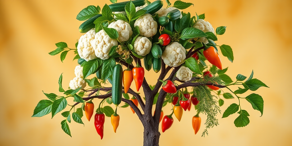 Create an image of a tree made entirely of vegetables, featuring cauliflower as flowers, cucumbers as branches, and a variety of colorful peppers and herbs hanging like fruit, set against a soft golden background, captured with a Canon EOS R5, 50mm lens, f/1.8 aperture, ISO 200, in natural light for enhanced detail and vibrancy.