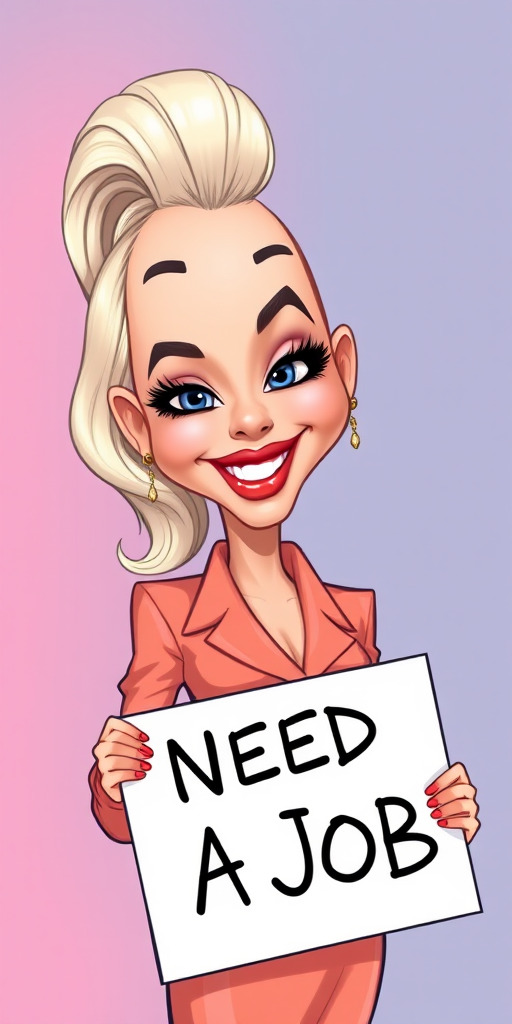 caricature of a smiling Lady Gaga in a Peach dress or suit, holding up a sign that says "NEED A JOB", no watermark,