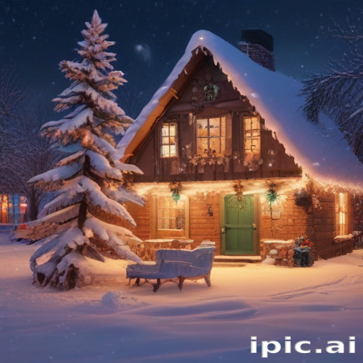 Charming Winter Cottage Surrounded by Snowy Trees and Festive Decorations