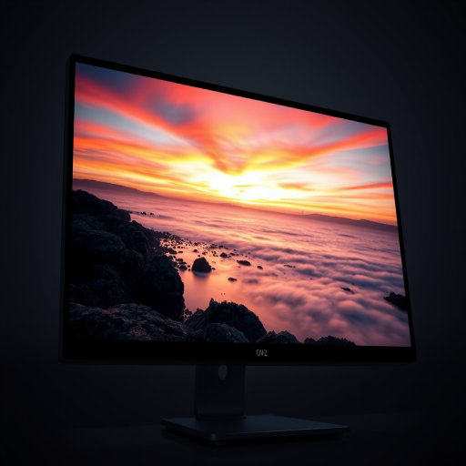 A high-resolution image of a modern computer monitor displaying a scenic landscape with colorful sunset hues, shot in 4K resolution using a wide-angle lens at f/4 aperture, ISO 100, and a 1/60 second shutter speed, framed from a low angle to emphasize the sleek design and clarity of the screen.