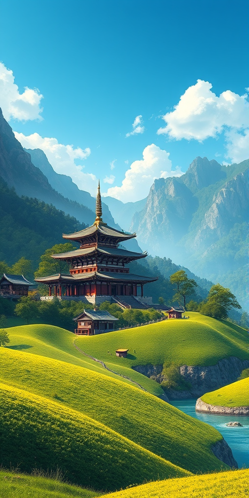generate a vibrant digital illustration of a traditional Asian temple situated in a mountainous landscape, with rolling green hills in the foreground and a winding river, utilizing a wide-angle view, shot with a high-resolution DSLR camera at f/11 for depth of field, ISO 100, 24mm focal length, and soft natural lighting to enhance colors and details.