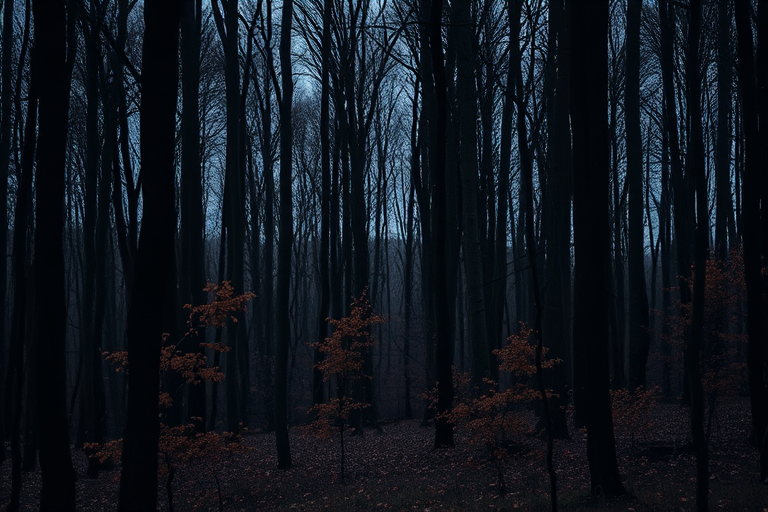 Moody forest scene with dark, slender trees and vibrant orange leaves scattered throughout, captured at dusk, using a DSLR camera with a 50mm lens, aperture f/1.8, ISO 200, shutter speed 1/60 sec, in a portrait orientation for depth and clarity.