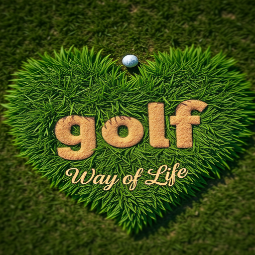Create an image of a heart-shaped design made of lush green grass with the word "golf" in a sandy texture and the phrase "Way of Life" in an elegant script, captured using a DSLR camera at f/2.8 aperture, 50mm lens, ISO 100, and a top-down view for enhanced detail and color vibrancy.