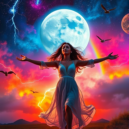 Create a vibrant, surreal image of a woman dancing with outstretched arms against a colorful cosmic background featuring a full moon, lightning, and flying birds, using vibrant colors and a dreamy atmosphere, captured with a DSLR camera in a landscape orientation, 50mm lens, aperture f/1.8, ISO 200, and a slow shutter speed to create a soft glow effect.