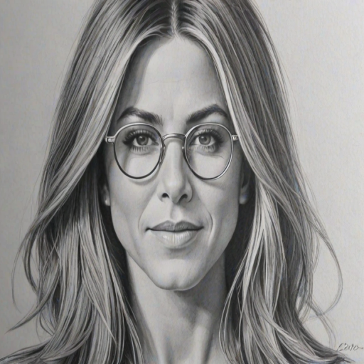 Resplendent Jennifer Aniston, pencil sketch, portrait of Superb woman 1969s in glasses, hair style beatnik, outline, clear lines, fine lines, 8k