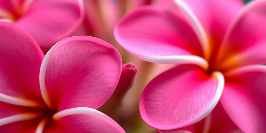 Close-up of vibrant pink plumeria flowers, shallow depth of field, natural light, f/2.8, 50mm lens, ISO 200, macro photography.