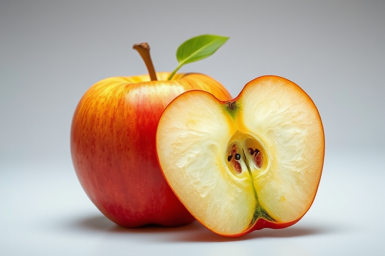 Create a high-resolution illustration of a whole apple and a cross-section revealing the seeds, with a soft-focus background, using a DSLR camera with a 50mm lens, aperture f/2.8, ISO 100, and a 1/125 shutter speed.