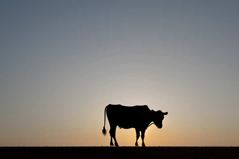 Silhouette of a Cow Against a Beautiful Sunset Sky Horizon