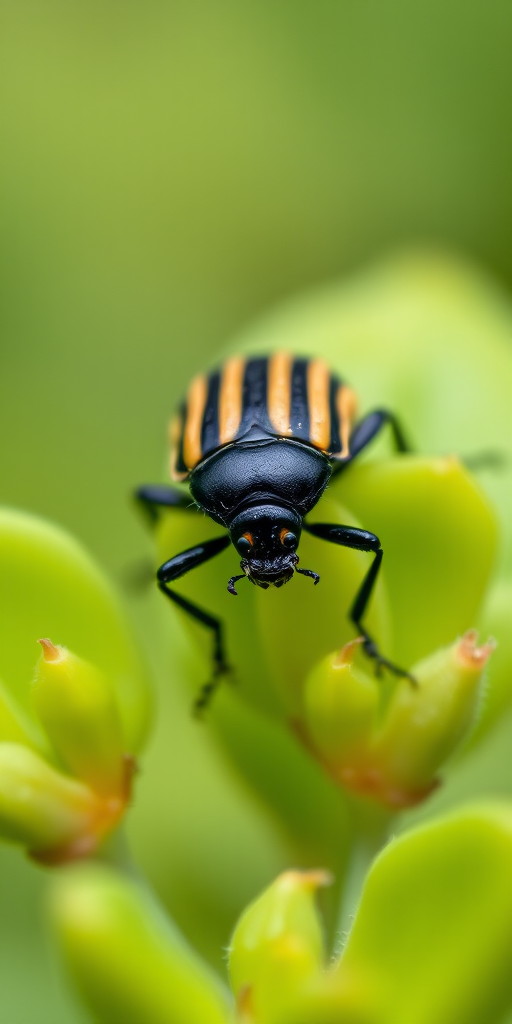macro photograph of a striped beetle on green foliage with soft background, ISO 200, f/2.8, 1/200s, 100mm lens, taken with a DSLR camera, shallow depth of field to enhance details and blur the background