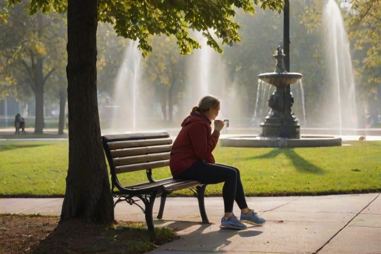 Foggy morning in a city park, a woman sits on a bench near a fountain, her coffee cup steaming in the cool air as she watches joggers pass by.