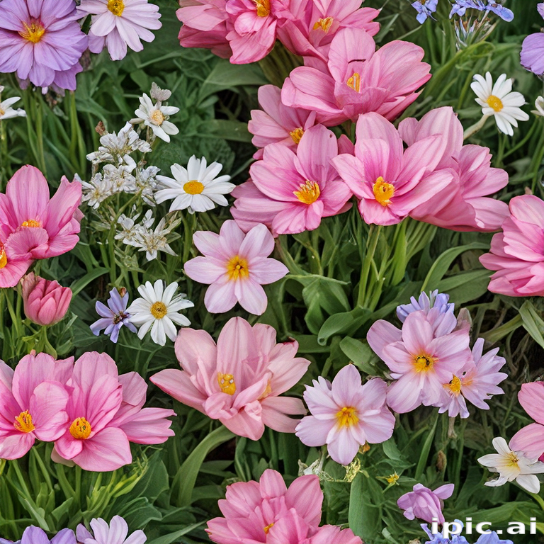 A Vibrant Garden Filled with Colorful Flowers in Full Bloom.