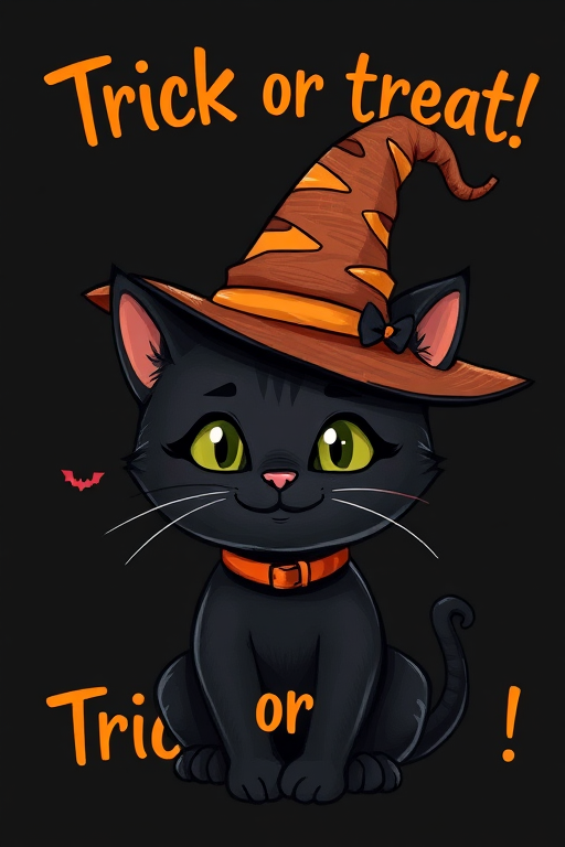 Create an illustration of a cute black cat wearing a witch's hat with an orange collar and a playful expression, under a dark background, with the text "Trick or treat!" in bold, festive font, using a Canon EOS 5D Mark IV, f/2.8 aperture, 50mm lens, shot in portrait mode for enhanced clarity and depth.