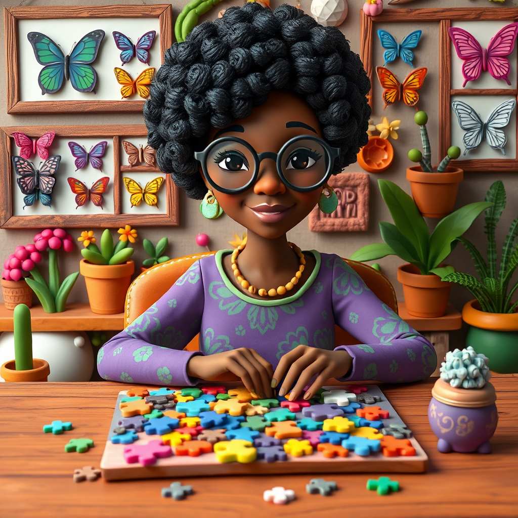 A vibrant and whimsical illustration of an african american woman sitting at a table working on a colorful jigsaw puzzle. she is wearing round glasses, and patterned clothing in shades of purple and green.  The background features an eclectic collection of framed butterflies, potted plants, and other natural elements, creating a warm and inviting atmosphere. The style is playful and modern, with rich textures, intricate details, and a lively color palette.
