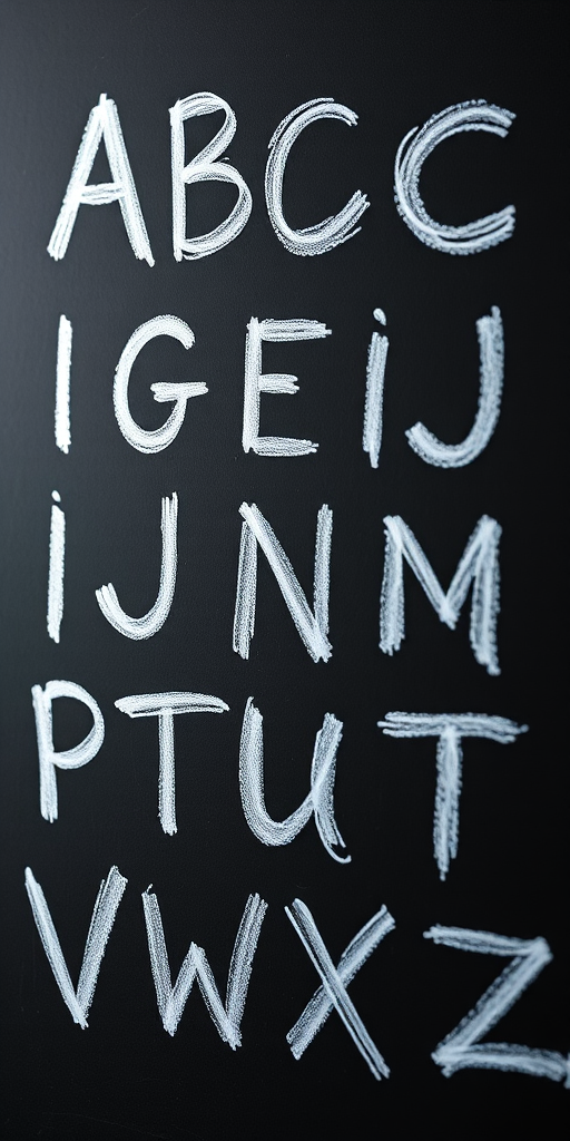 Create a high-resolution image of the English alphabet written in chalk on a blackboard, captured with a DSLR camera at f/2.8, 1/60s, ISO 200, using a close-up view with a slightly angled perspective for depth.